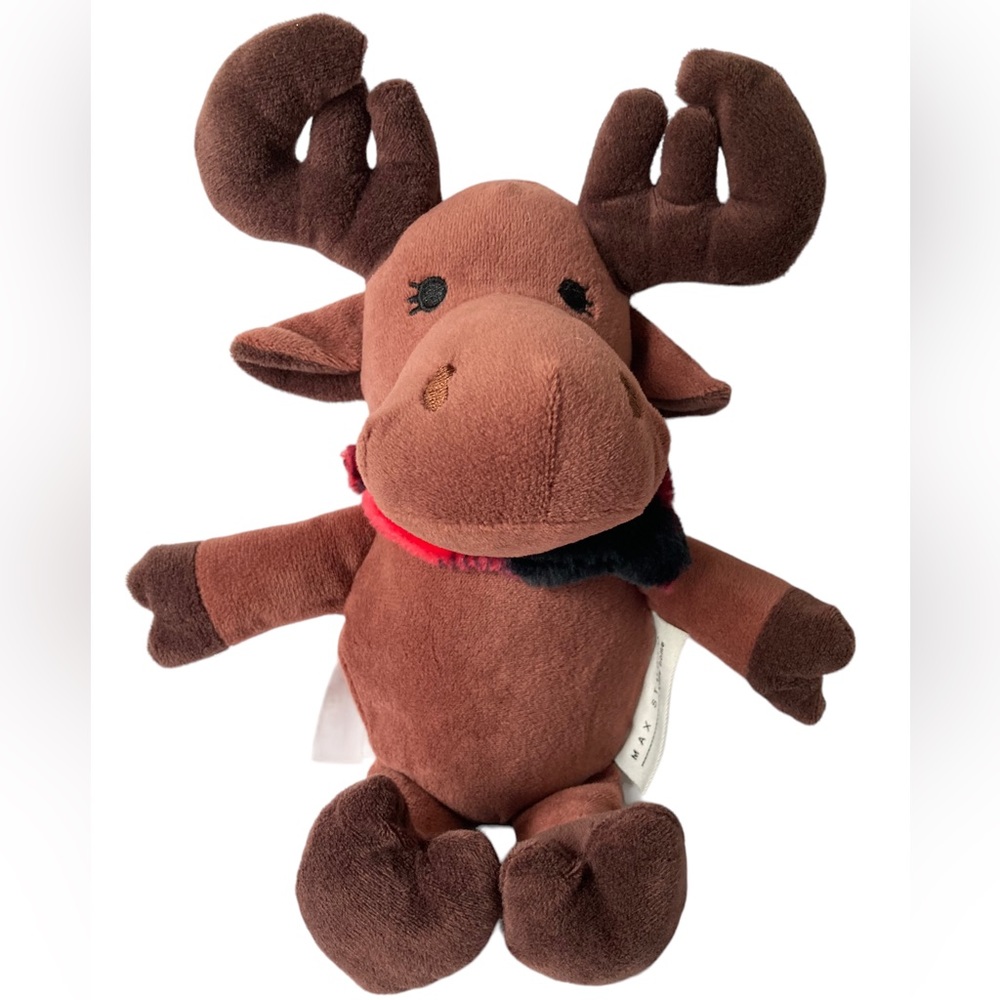 Max Studio Brown Moose Stuffed‎ Animal 10" Plush Red Black Plaid Bandana Scarf